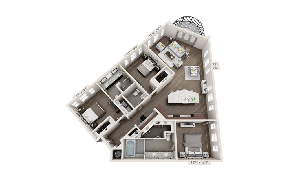 C1 - 3 bedroom floorplan layout with 2 bathrooms and 1746 square feet