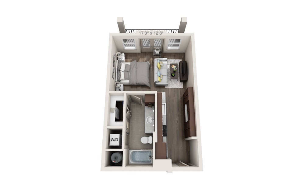 S1 - Studio floorplan layout with 1 bath and 504 to 570 square feet.