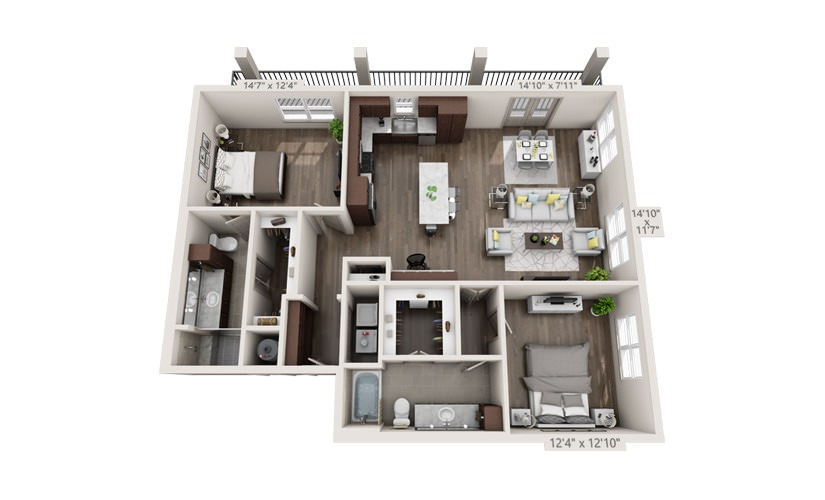 B7 - 2 bedroom floorplan layout with 2 bathrooms and 1361 square feet